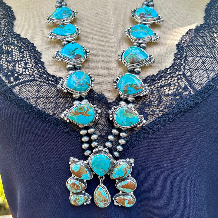 Kingman Turquoise & Sterling Silver Squash Blossom Necklace Southwestern Beauty