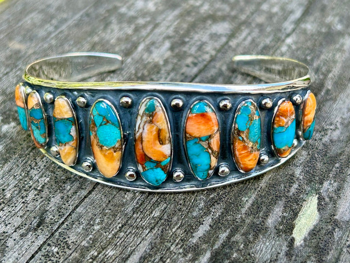 Genuine Turquoise and Spiny Oyster Bracelet Turquoise Copper Matrix Turquoise and Spiny Oyster Cuff