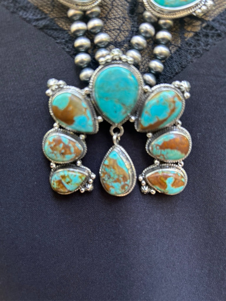 Kingman Turquoise & Sterling Silver Squash Blossom Necklace Southwestern Beauty