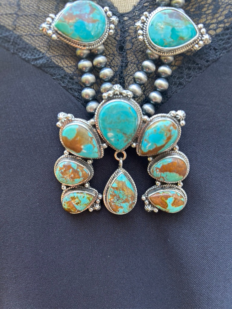 Kingman Turquoise & Sterling Silver Squash Blossom Necklace Southwestern Beauty