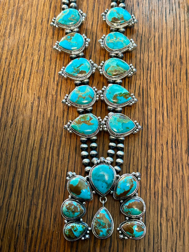 Kingman Turquoise & Sterling Silver Squash Blossom Necklace Southwestern Beauty