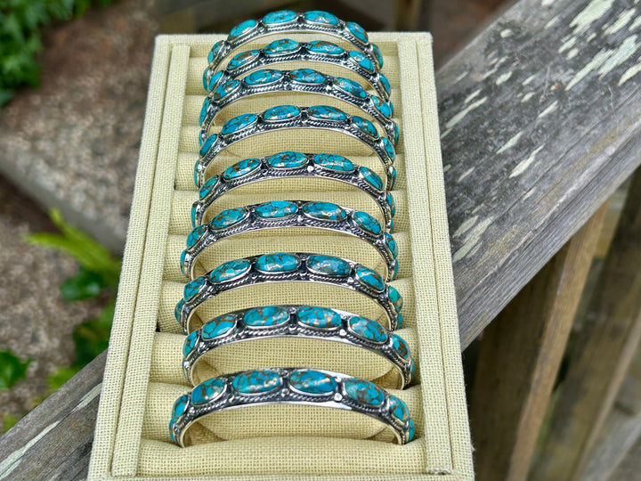 Genuine Turquoise Copper Matrix Bracelet 925 Sterling Silver 9 Gorgeous Stones in a Row Stackable Layering Bracelet Adjustable