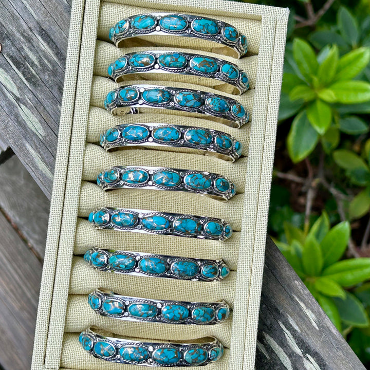 Genuine Turquoise Copper Matrix Bracelet 925 Sterling Silver 9 Gorgeous Stones in a Row Stackable Layering Bracelet Adjustable