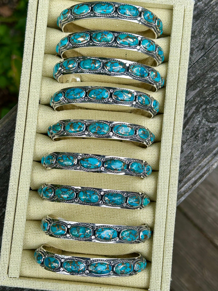 Genuine Turquoise Copper Matrix Bracelet 925 Sterling Silver 9 Gorgeous Stones in a Row Stackable Layering Bracelet Adjustable