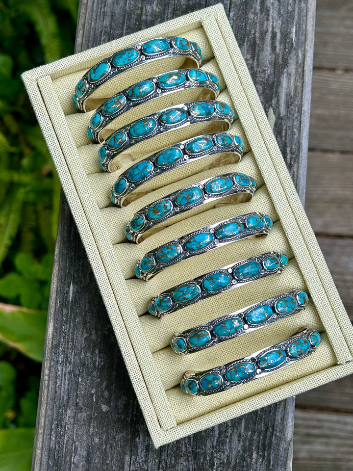 Genuine Turquoise Copper Matrix Bracelet 925 Sterling Silver 9 Gorgeous Stones in a Row Stackable Layering Bracelet Adjustable