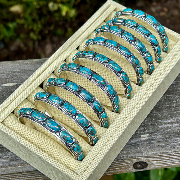 Genuine Turquoise Copper Matrix Bracelet 925 Sterling Silver 9 Gorgeous Stones in a Row Stackable Layering Bracelet Adjustable