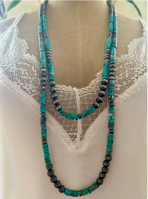 Authentic Turquoise 2 Strand Necklace Western Pearls and Turquoise Beaded Necklace Long Necklace With Lots of Real Turquoise