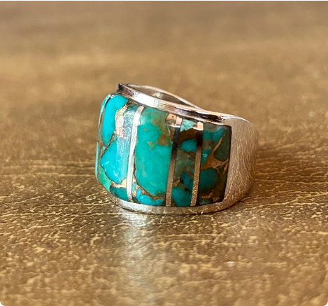 Genuine Turquoise Sterling Silver Ring Turquoise Copper Matrix Statement Ring Unisex
