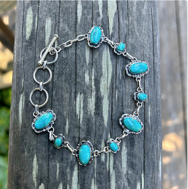 Genuine Turquoise Sterling Silver Link Bracelet Blue Turquoise Bracelet Healing Bracelet Southwestern Style Jewelry