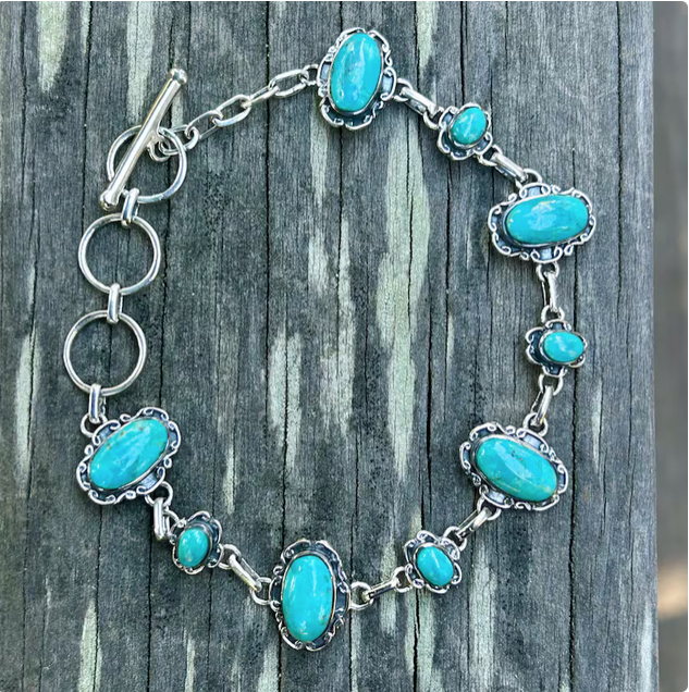 Genuine Turquoise Sterling Silver Link Bracelet Blue Turquoise Bracelet Healing Bracelet Southwestern Style Jewelry