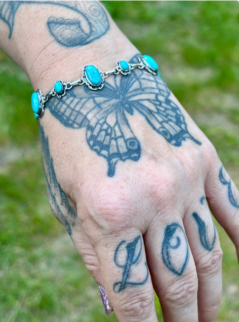 Genuine Turquoise Sterling Silver Link Bracelet Blue Turquoise Bracelet Healing Bracelet Southwestern Style Jewelry