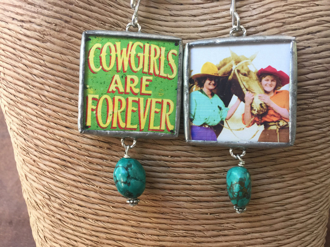 Cowgirl Reversible Pendant Necklace: Turquoise & Vintage Horse Picture