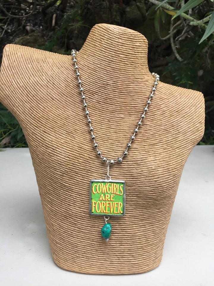 Cowgirl Reversible Pendant Necklace: Turquoise & Vintage Horse Picture