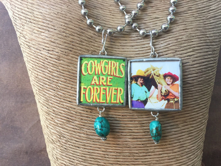 Cowgirl Reversible Pendant Necklace: Turquoise & Vintage Horse Picture