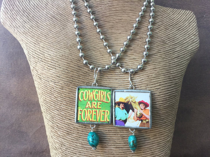 Cowgirl Reversible Pendant Necklace: Turquoise & Vintage Horse Picture