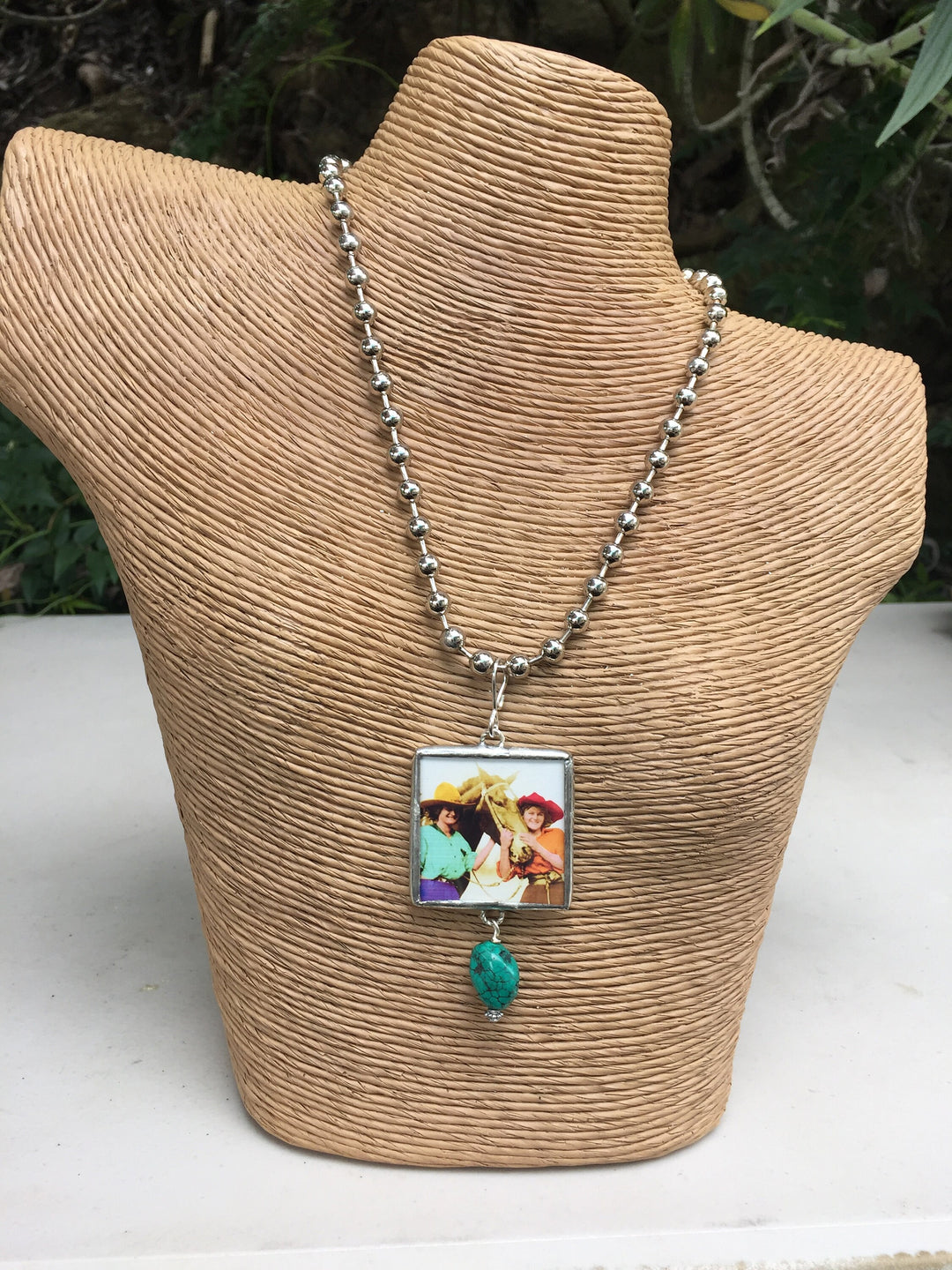 Cowgirl Reversible Pendant Necklace: Turquoise & Vintage Horse Picture