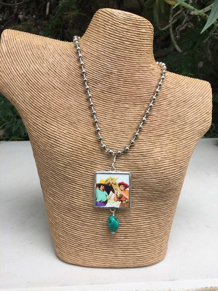 Cowgirl Reversible Pendant Necklace: Turquoise & Vintage Horse Picture