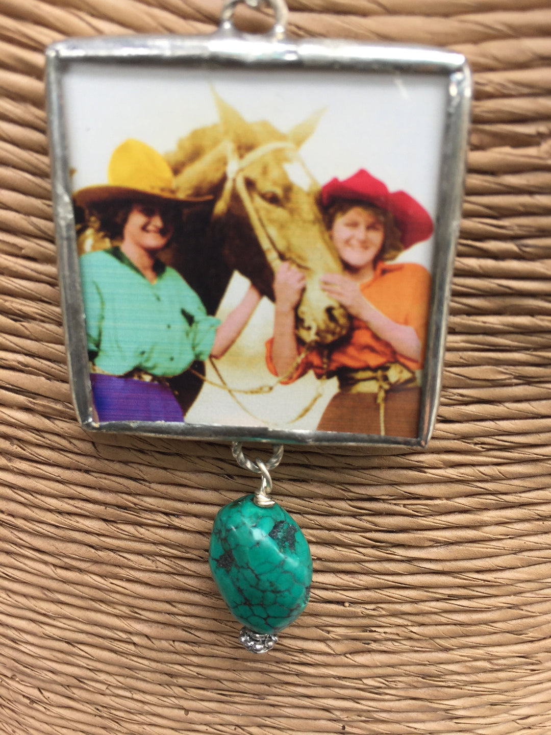 Cowgirl Reversible Pendant Necklace: Turquoise & Vintage Horse Picture