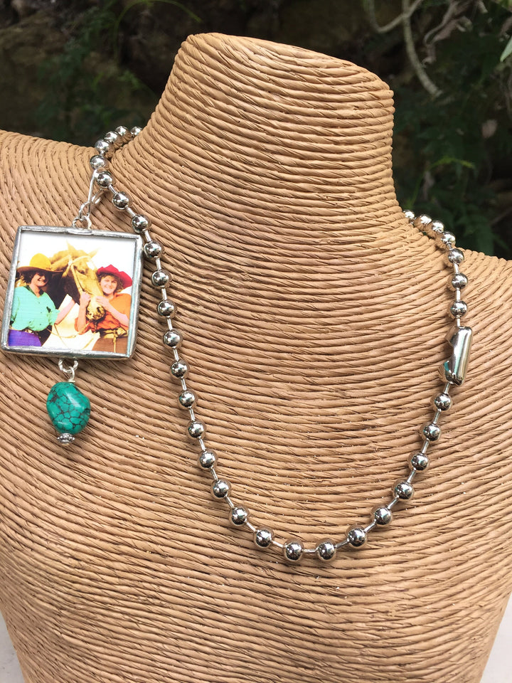 Cowgirl Reversible Pendant Necklace: Turquoise & Vintage Horse Picture