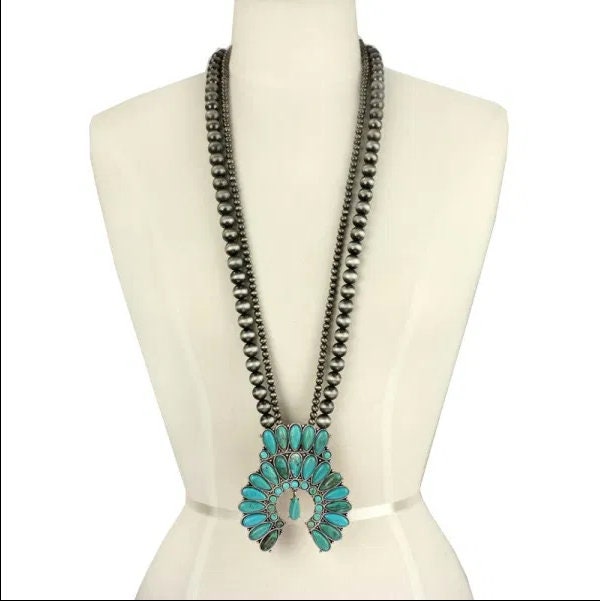 Squash Blossom Turquoise Necklace Long Navajo Style Pearl with Turquoise