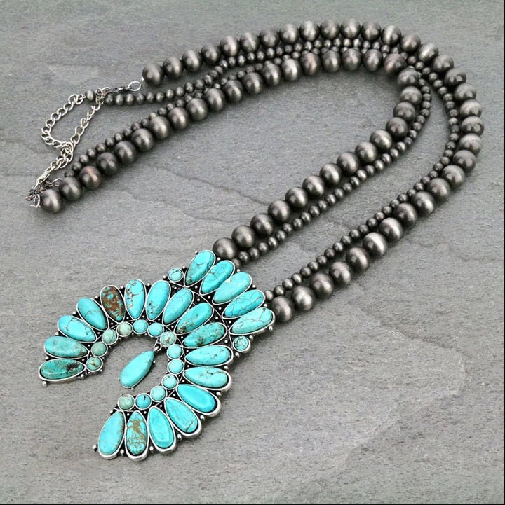 Squash Blossom Turquoise Necklace Long Navajo Style Pearl with Turquoise