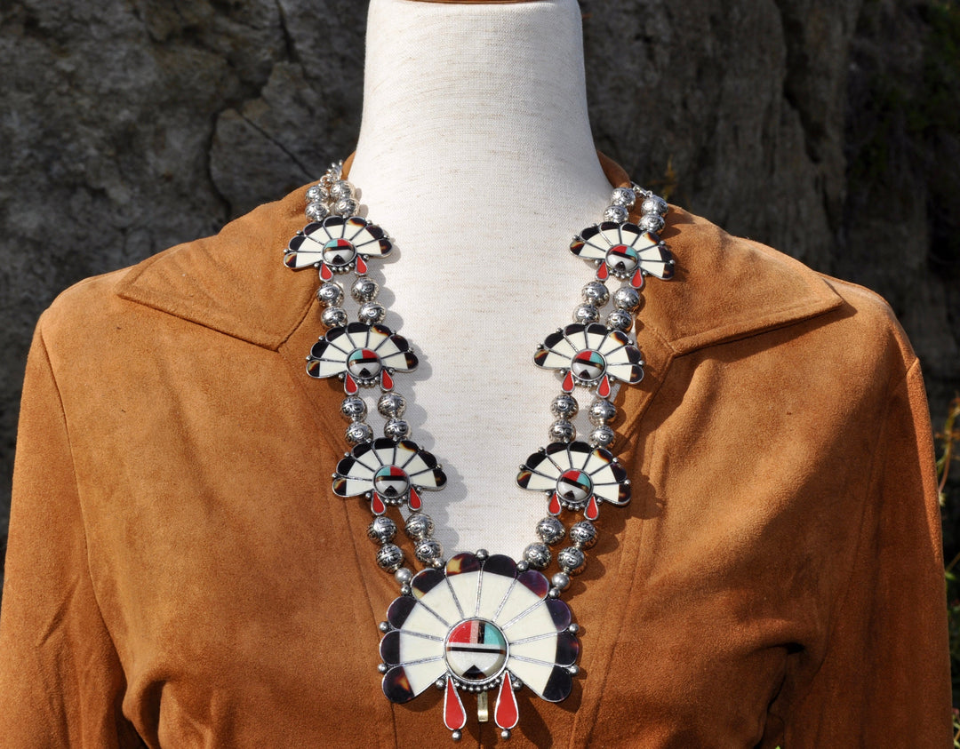 Squash Blossom Necklace - Silver Plate Reproduction - Southwestern Style Statement Jewelry