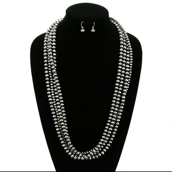 Western Pearl 4-Strand Necklace & Earrings Set: Silver Style Beaded Jewelry