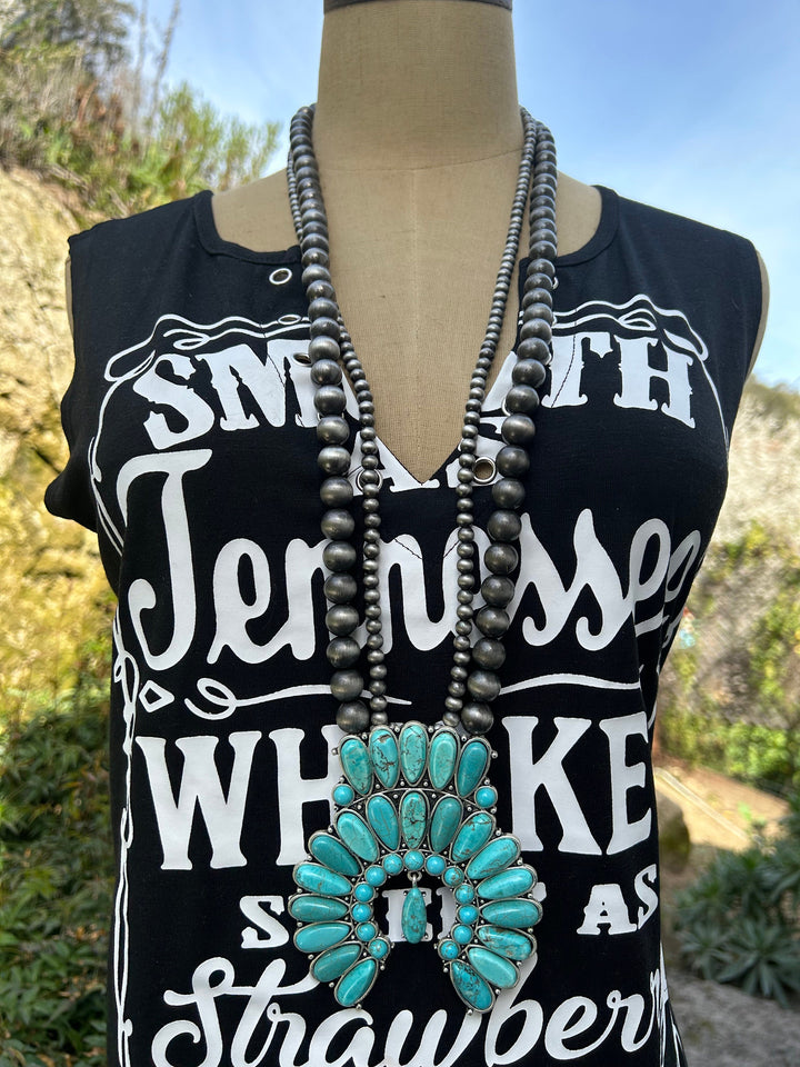 Squash Blossom Turquoise Necklace Long Navajo Style Pearl with Turquoise
