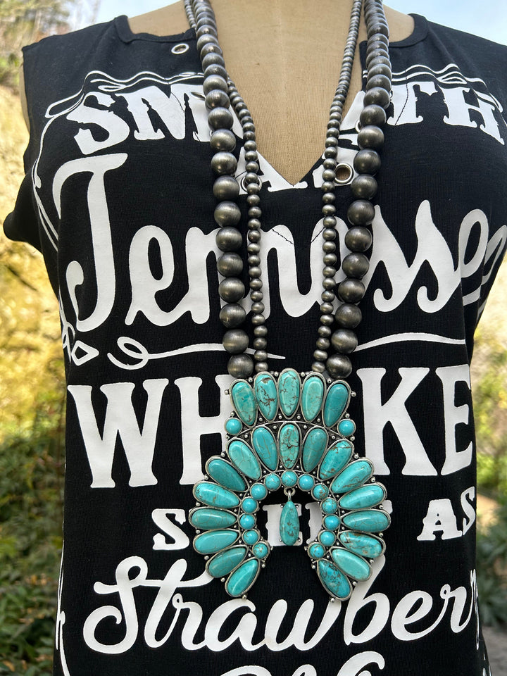 Squash Blossom Turquoise Necklace Long Navajo Style Pearl with Turquoise