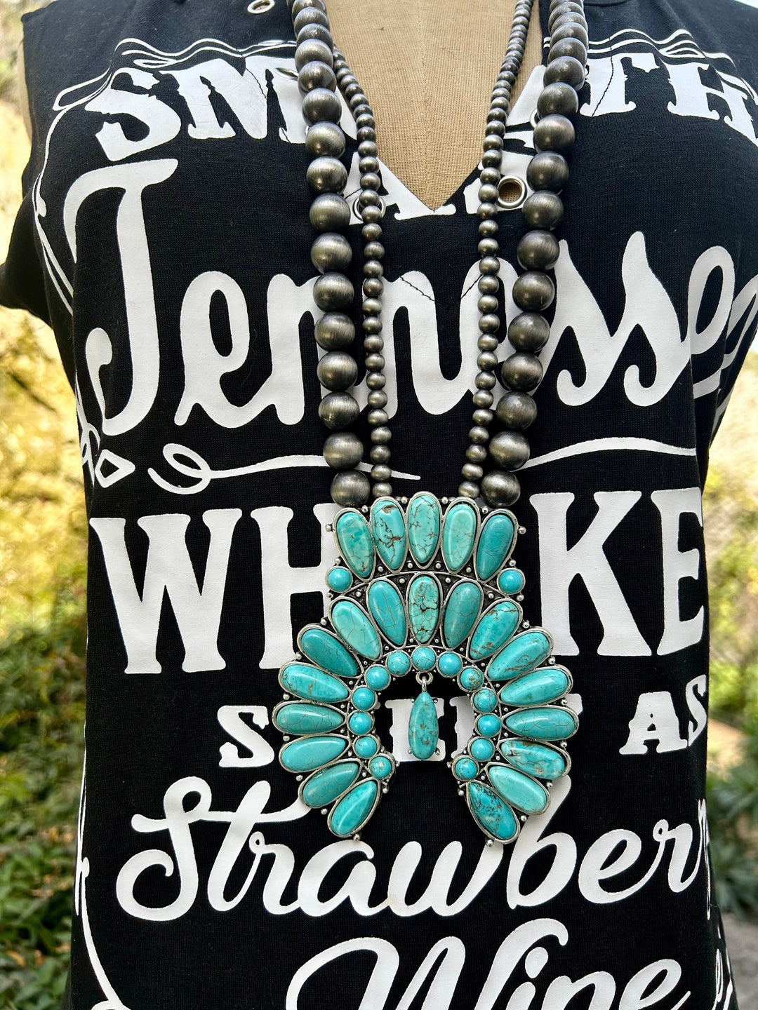 Squash Blossom Turquoise Necklace Long Navajo Style Pearl with Turquoise