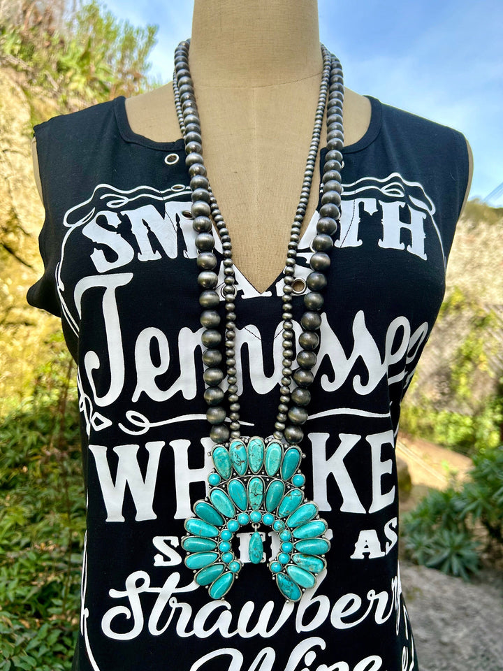 Squash Blossom Turquoise Necklace Long Navajo Style Pearl with Turquoise