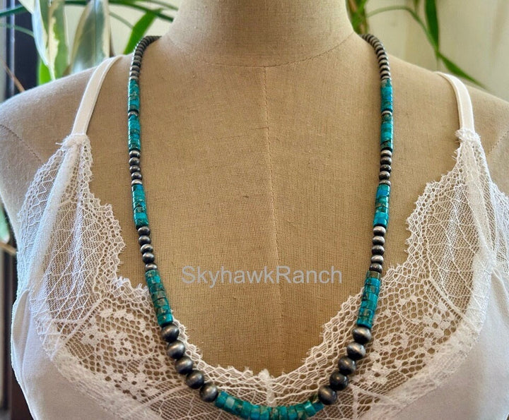 Long Turquoise Necklace:  Silver Style Pearls, Natural Gemstone Necklace
