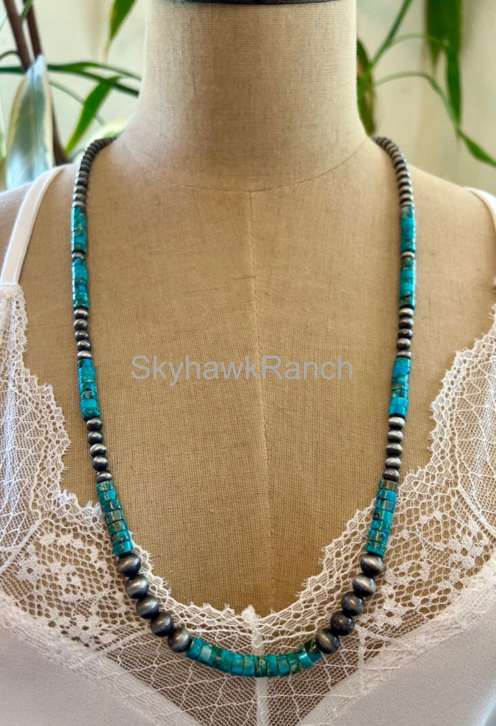 Long Turquoise Necklace:  Silver Style Pearls, Natural Gemstone Necklace