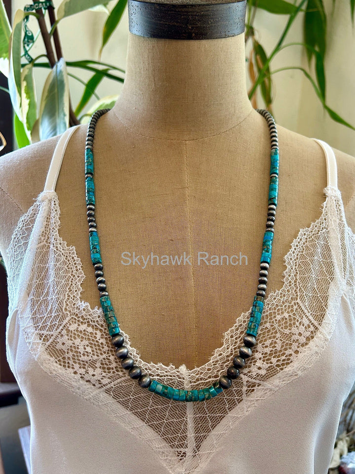 Long Turquoise Necklace:  Silver Style Pearls, Natural Gemstone Necklace