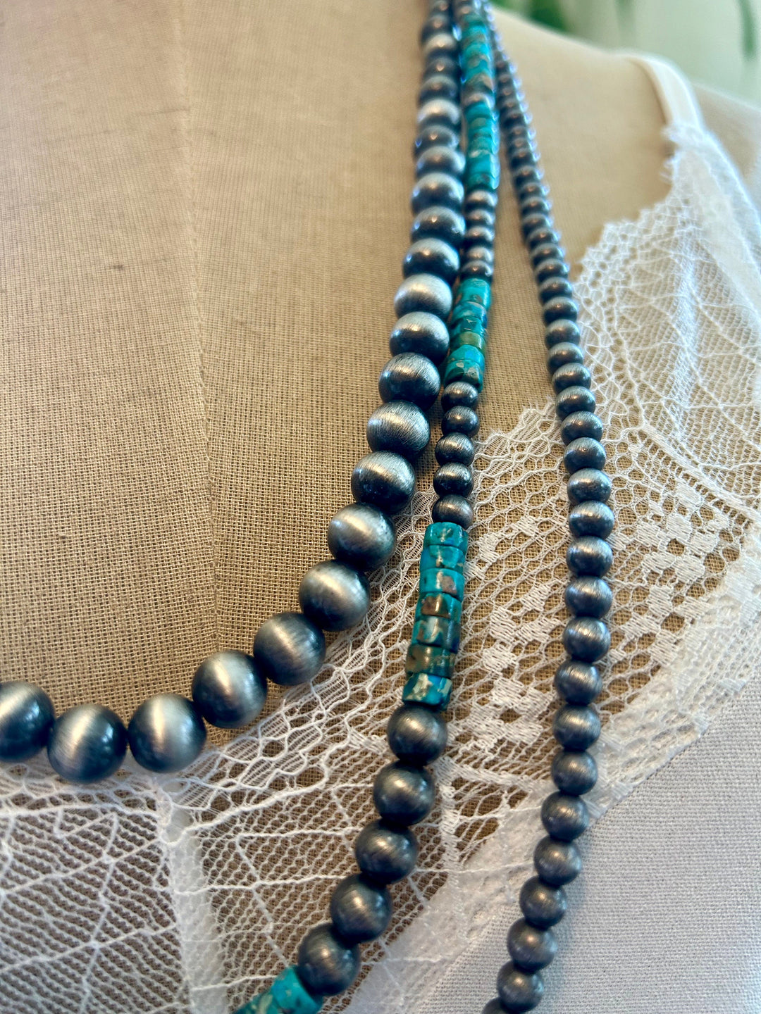 Long 3 Strand Turquoise Necklace, Navajo Style Pearls, Natural Gemstone Necklace