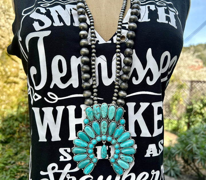 Squash Blossom Turquoise Necklace Long Navajo Style Pearl with Turquoise