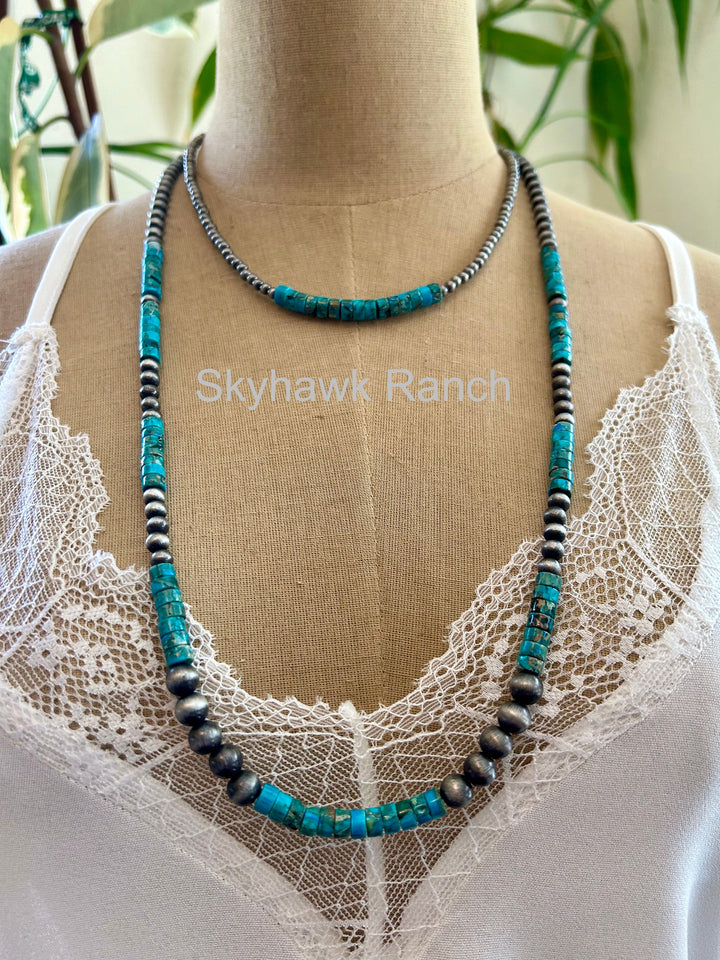 Long Turquoise Necklace:  Silver Style Pearls, Natural Gemstone Necklace