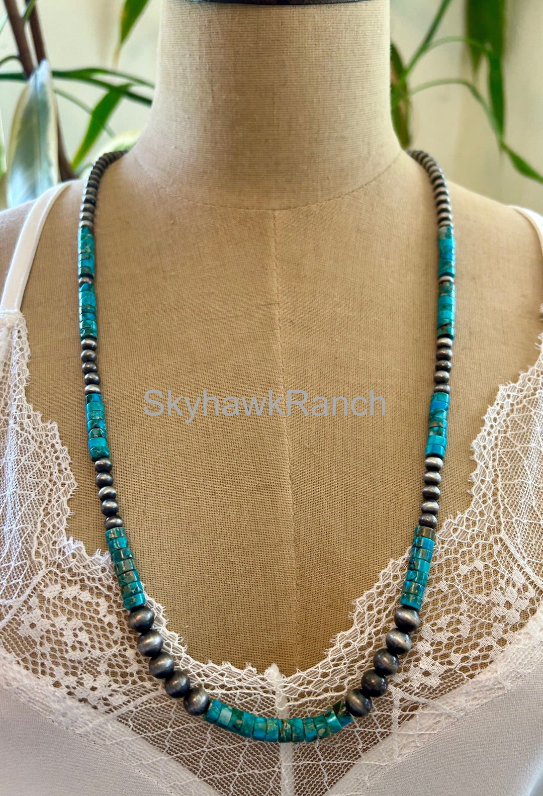 Long Turquoise Necklace:  Silver Style Pearls, Natural Gemstone Necklace
