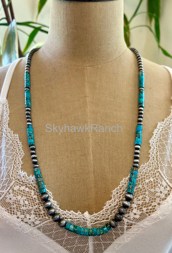 Long Turquoise Necklace:  Silver Style Pearls, Natural Gemstone Necklace