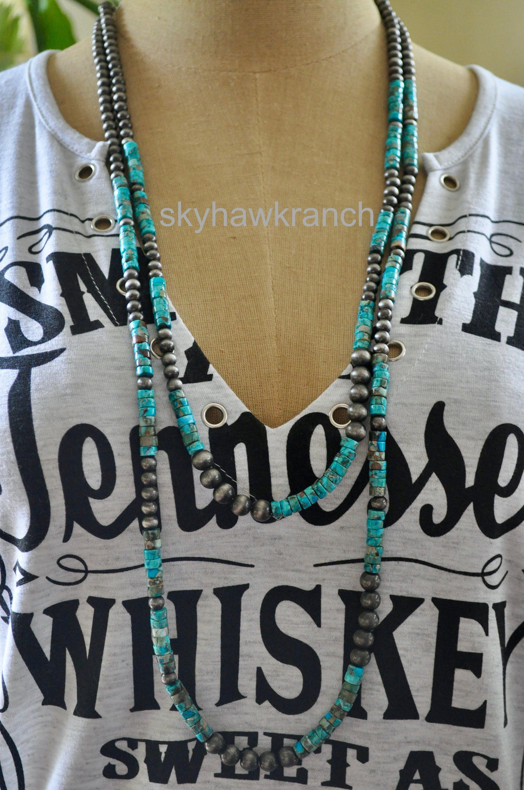 Long 2 Strand Turquoise Necklace, Navajo Style Pearls, Natural Gemstone Necklace