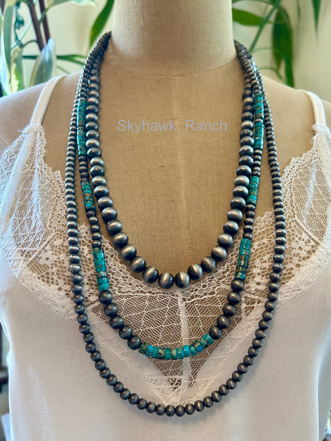 Long 3 Strand Turquoise Necklace, Navajo Style Pearls, Natural Gemstone Necklace