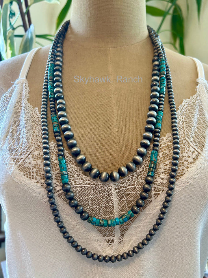 Long 3 Strand Turquoise Necklace, Navajo Style Pearls, Natural Gemstone Necklace