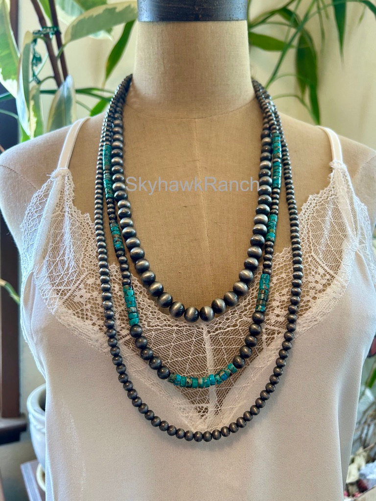 Long 3 Strand Turquoise Necklace, Navajo Style Pearls, Natural Gemstone Necklace