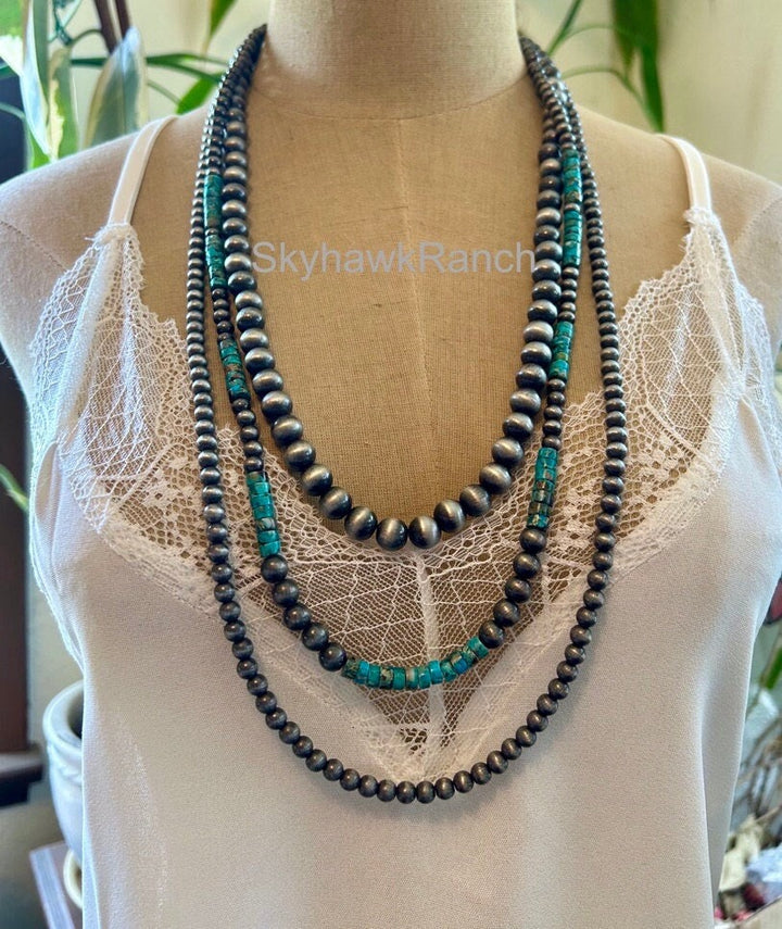 Long 3 Strand Turquoise Necklace, Navajo Style Pearls, Natural Gemstone Necklace