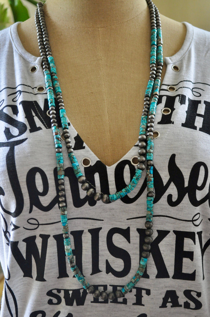 Long 2 Strand Turquoise Necklace, Navajo Style Pearls, Natural Gemstone Necklace