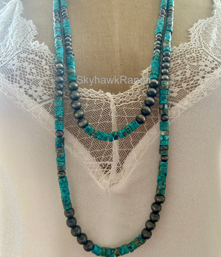 Long 2 Strand Turquoise Necklace, Navajo Style Pearls, Natural Gemstone Necklace
