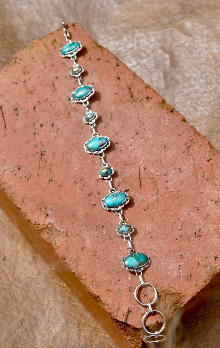 Genuine Turquoise Sterling Silver Link Bracelet Blue Turquoise Copper Infused Matrix Bracelet Healing Bracelet Southwestern Style Jewelry