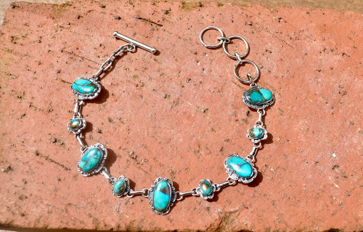 Genuine Turquoise Sterling Silver Link Bracelet Blue Turquoise Copper Infused Matrix Bracelet Healing Bracelet Southwestern Style Jewelry