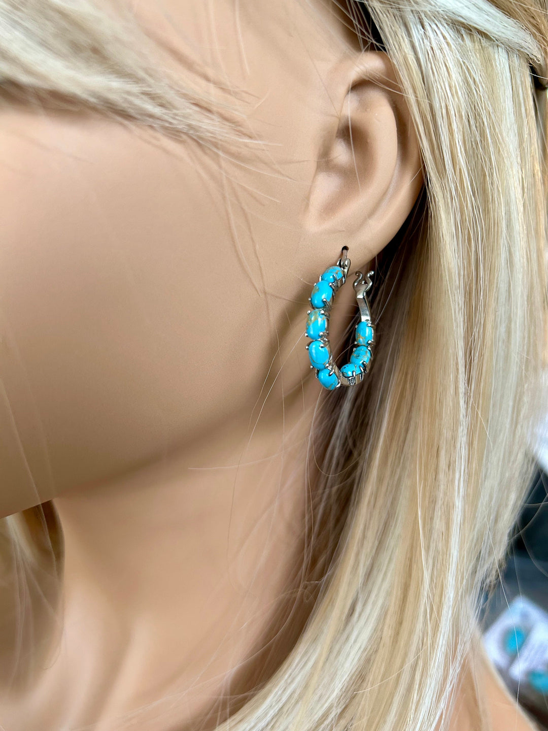 Platinum Turquoise Inside-Out Hoop Earrings: Boho Southwestern Design