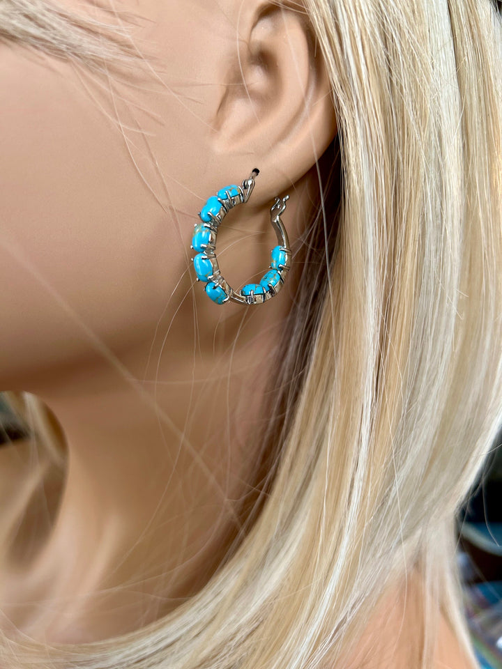 Platinum Turquoise Inside-Out Hoop Earrings: Boho Southwestern Design